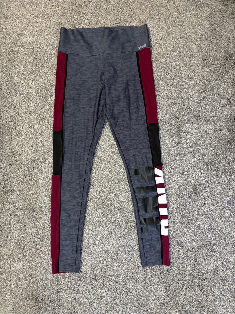 PINK Victoria's Secret Gray Leggings with Burgundy & Black Side Panels